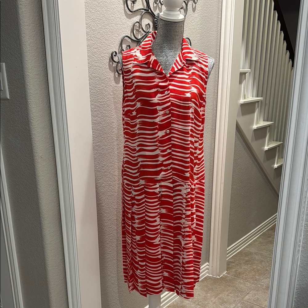 CAbi Red and White Striped Midi Pleated Bottom of Dress‎
